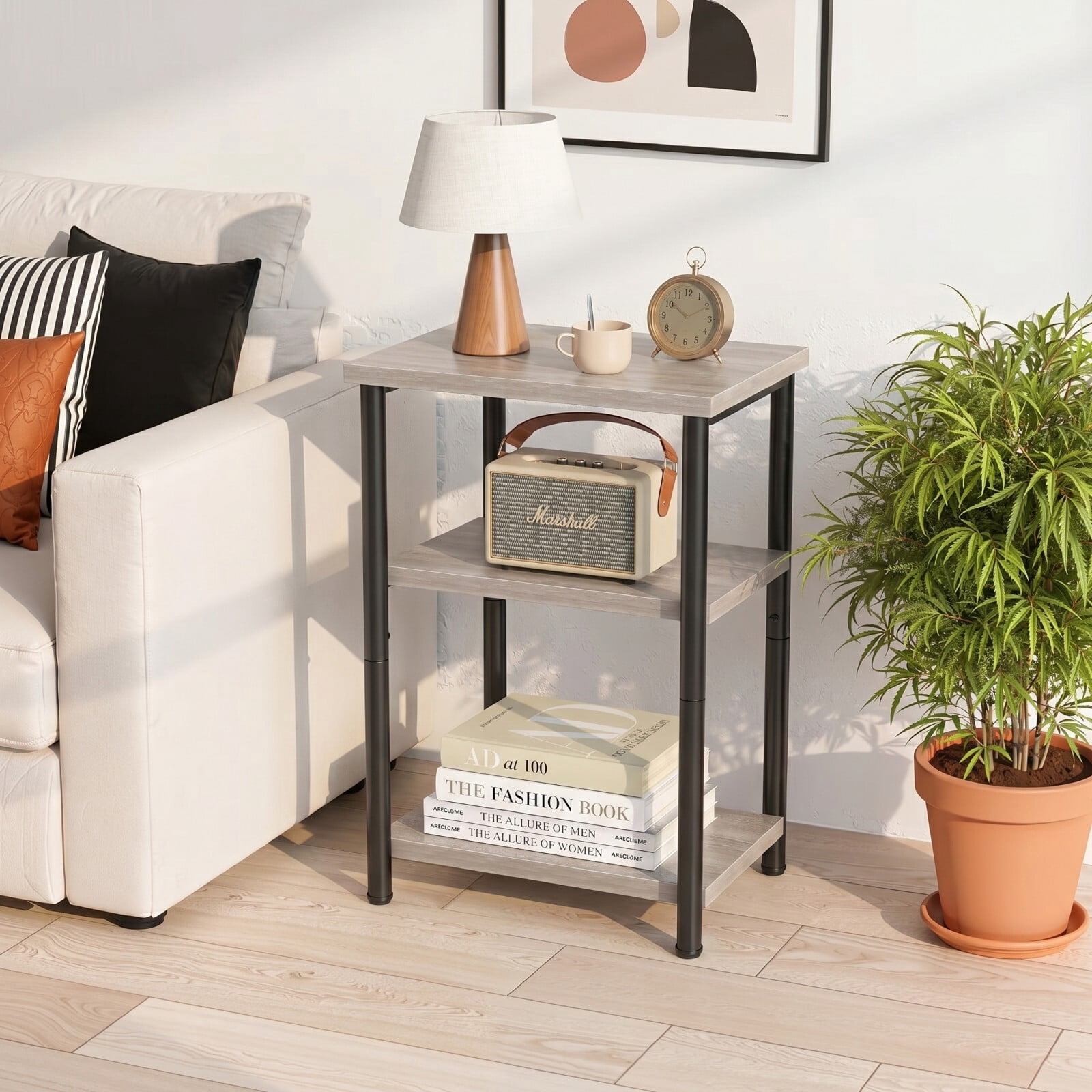 Kelno 3-Tier Nightstand Small End Table with Open Storage Shelf and Adjustable Feet, Gray