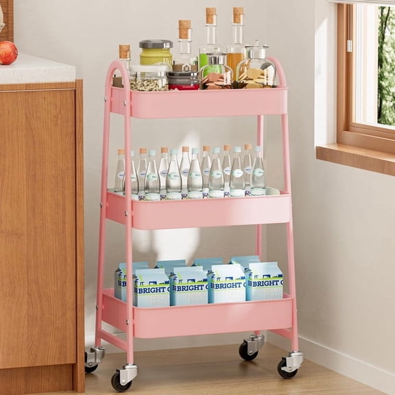 Kelno 3 Tier Rolling Cart Metal Utility Storage Cart Mobile Storage Organizer with Lockable Wheels,Pink