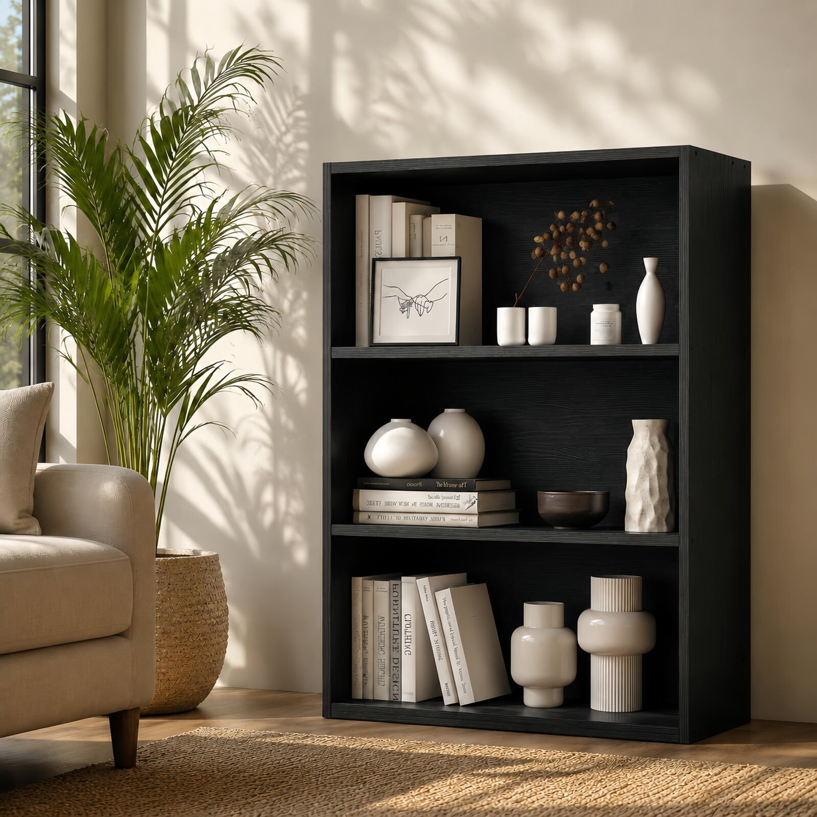 Kelno 3 Tier Vintage Bookshelf 31.5" Freestanding Wood Bookcase with Adjustable Shelf Anti-Tip Kit, Black