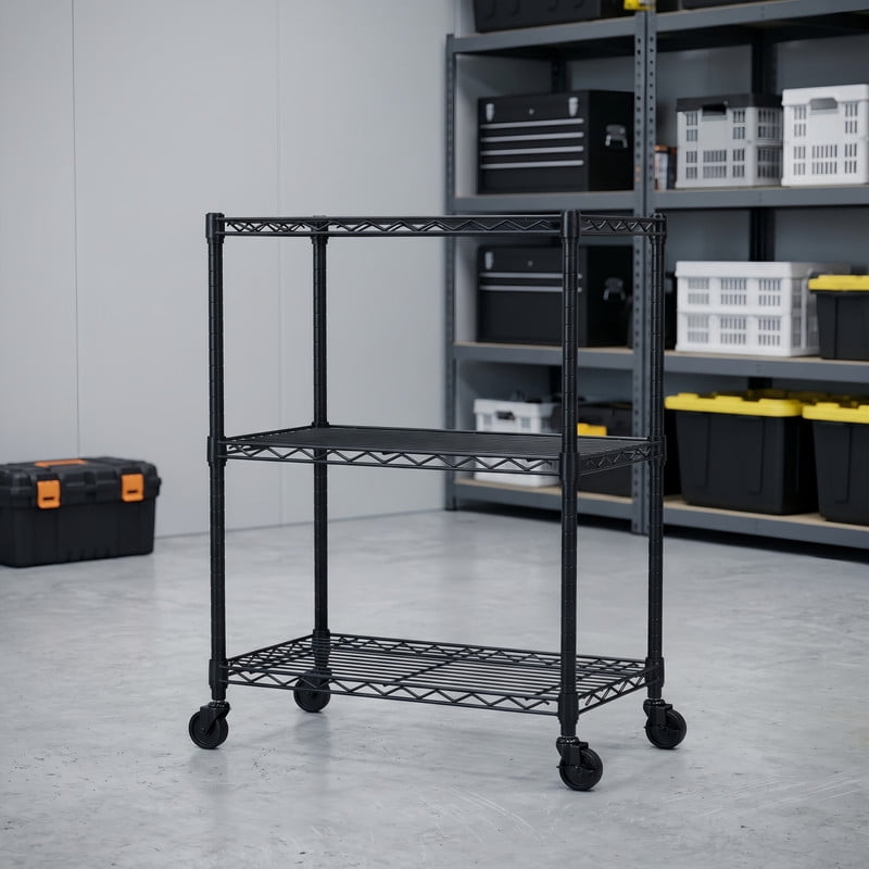 Kelno 3 Tier Wire Shelving with Lockable Wheels Adjustable Metal Storage Rack, Black