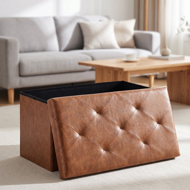 Kelno 30" Foldable Storage Ottoman Bench Faux Leather Footrest Stool with Foam Padded Seat, Brown