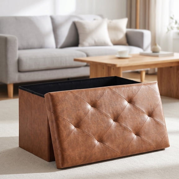 Kelno 30" Foldable Storage Ottoman Bench Faux Leather Footrest Stool with Foam Padded Seat, Brown