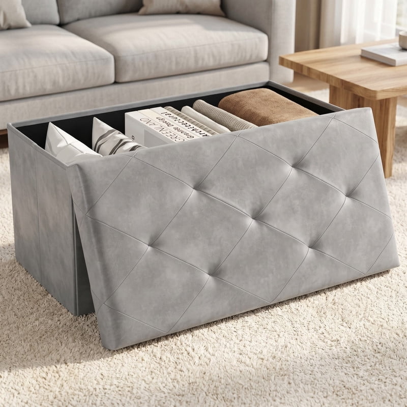Kelno 30" Foldable Storage Ottoman Bench Faux Leather Footrest Stool with Foam Padded Seat, Gray