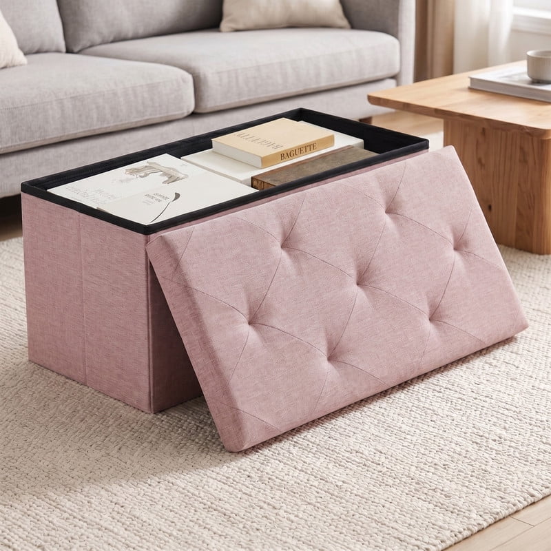 Kelno 30" Foldable Storage Ottoman Bench Linen Footrest Stool with Foam Padded Seat, Pink