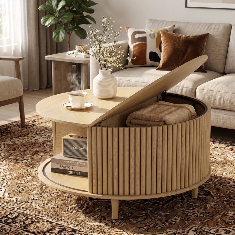 Kelno 31" Coffee Table Round Coffee Tables with Storage Mid Century Rustic Wood Desktop with Hidden Compartment Sliding Cabinet Door, Natural Wood