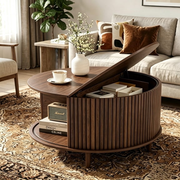 Kelno 31" Coffee Table Round Coffee Tables with Storage Mid Century Rustic Wood Desktop with Hidden Compartment Sliding Cabinet Door, Walnut