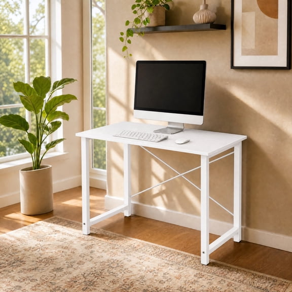 Kelno 31" Computer Desk Gaming Table Home Office Writing Study Workstation with Sturdy Metal Frame, Pure White