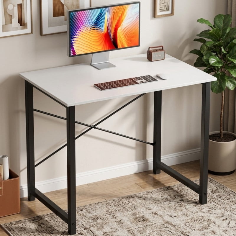 Kelno 31" Computer Desk Gaming Table Home Office Writing Study Workstation with Sturdy Metal Frame, White Black