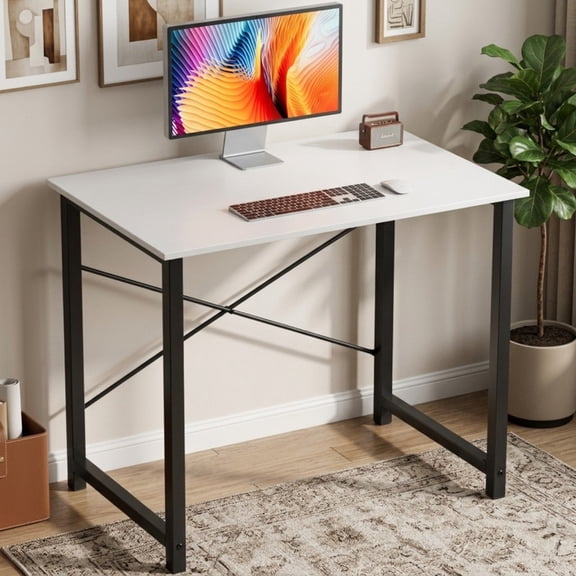 Kelno 31" Computer Desk Gaming Table Home Office Writing Study Workstation with Sturdy Metal Frame, Pure White