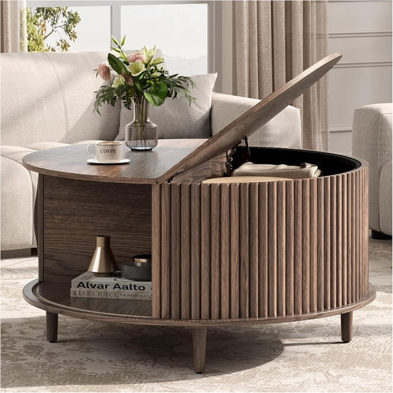 Kelno 31 Inch Round Coffee Table Mid Century Fluted Center Table with ...