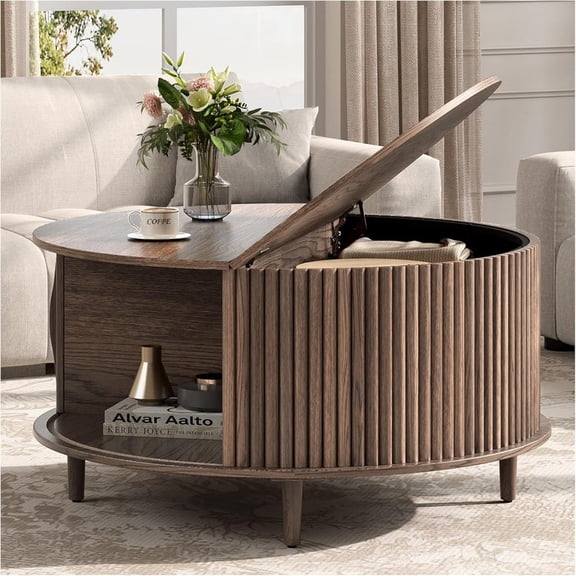 Kelno 31 Inch Round Coffee Table Mid Century Fluted Center Table with Sliding Door,Brown