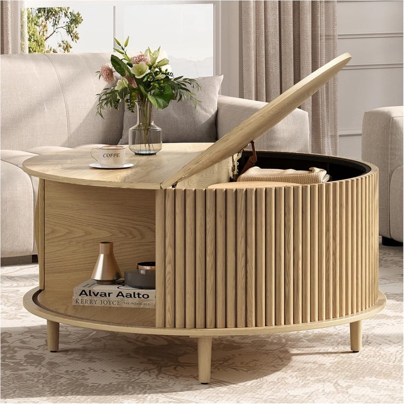Kelno 31 Inch Round Coffee Table Mid Century Fluted Center Table with Sliding Door,Oak