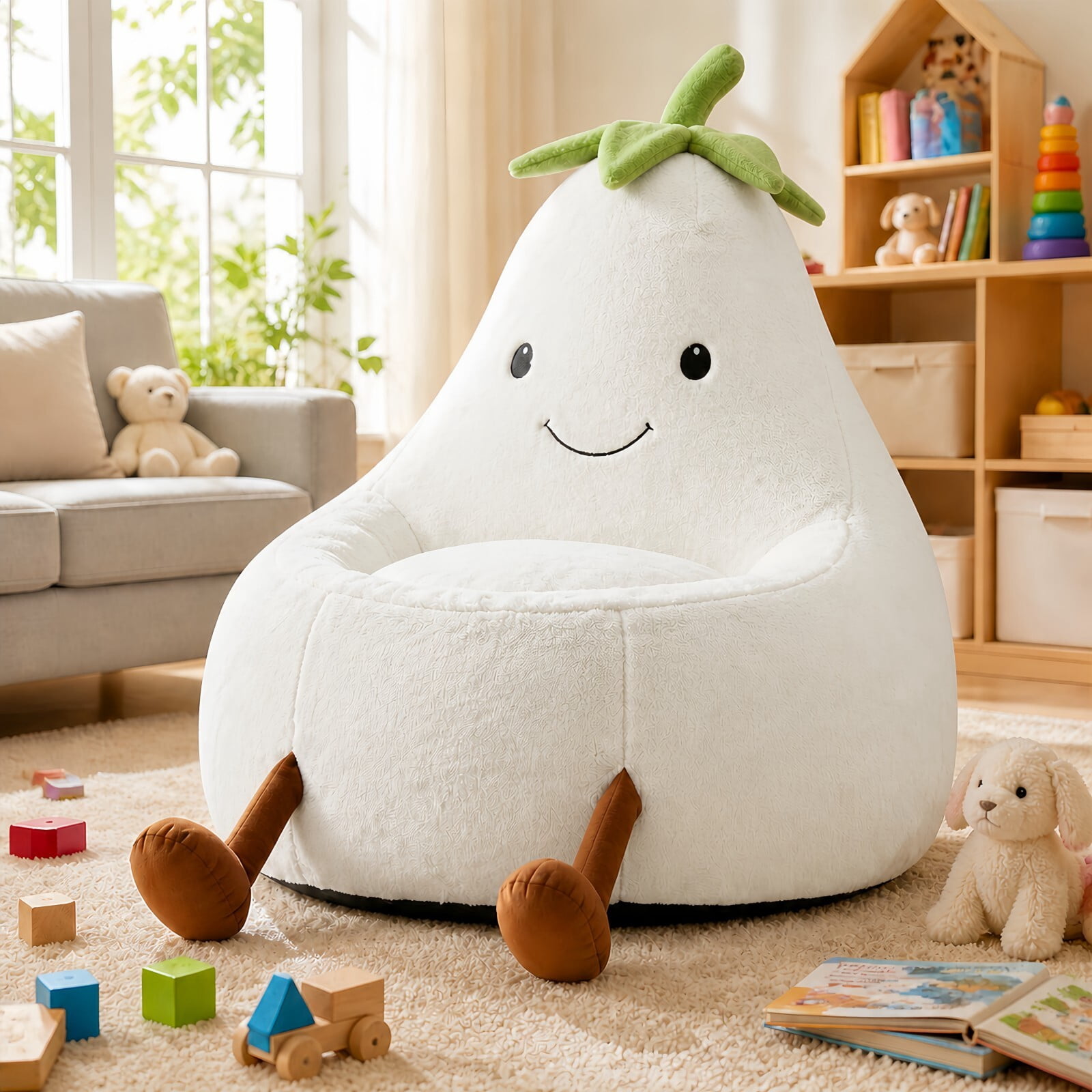 Kelno 31" Kids Bean Bag Chair Faux Rabbit Fur Lazy Chair Toddler Couch, Beige