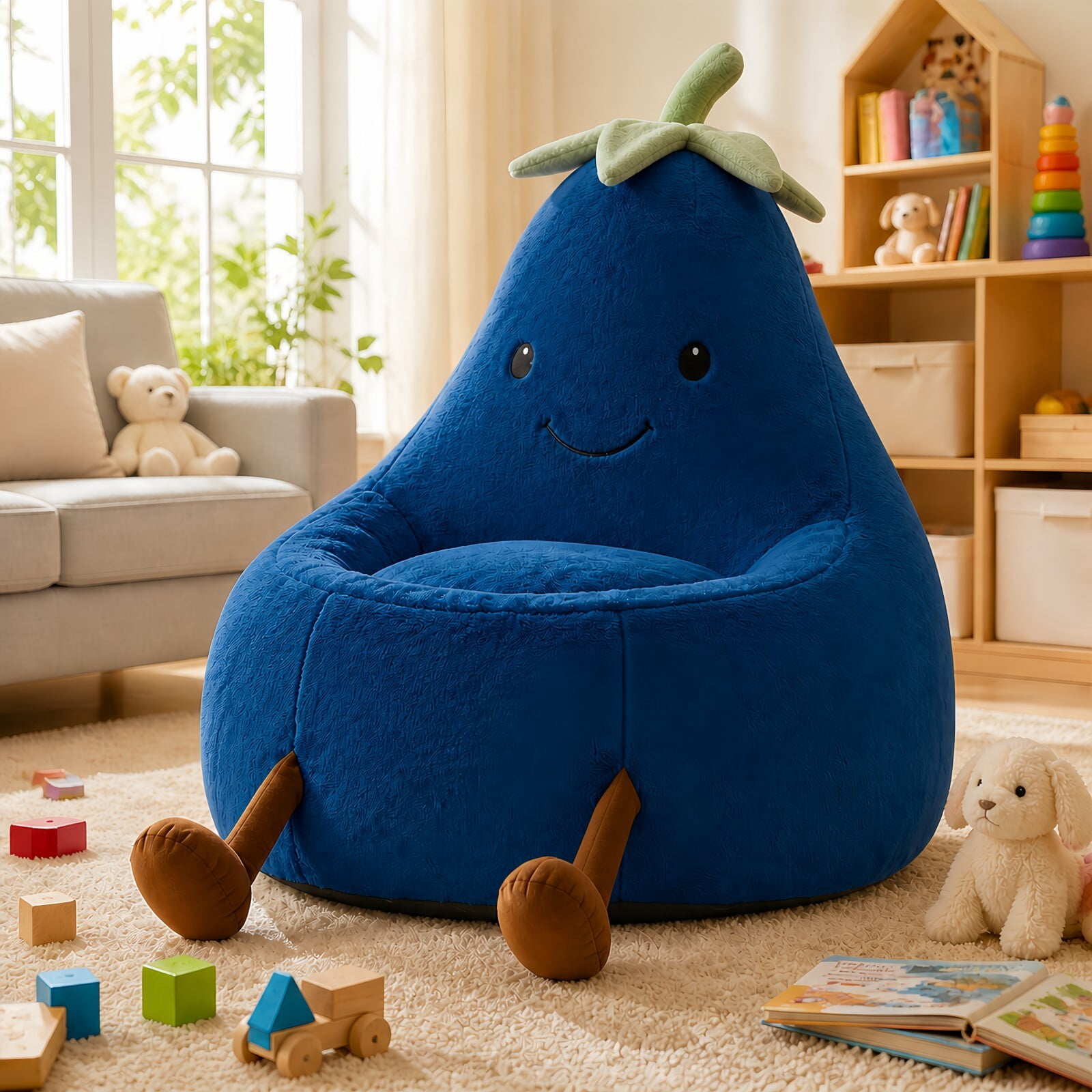 Kelno 31" Kids Bean Bag Chair Faux Rabbit Fur Lazy Chair Toddler Couch, Dark Blue