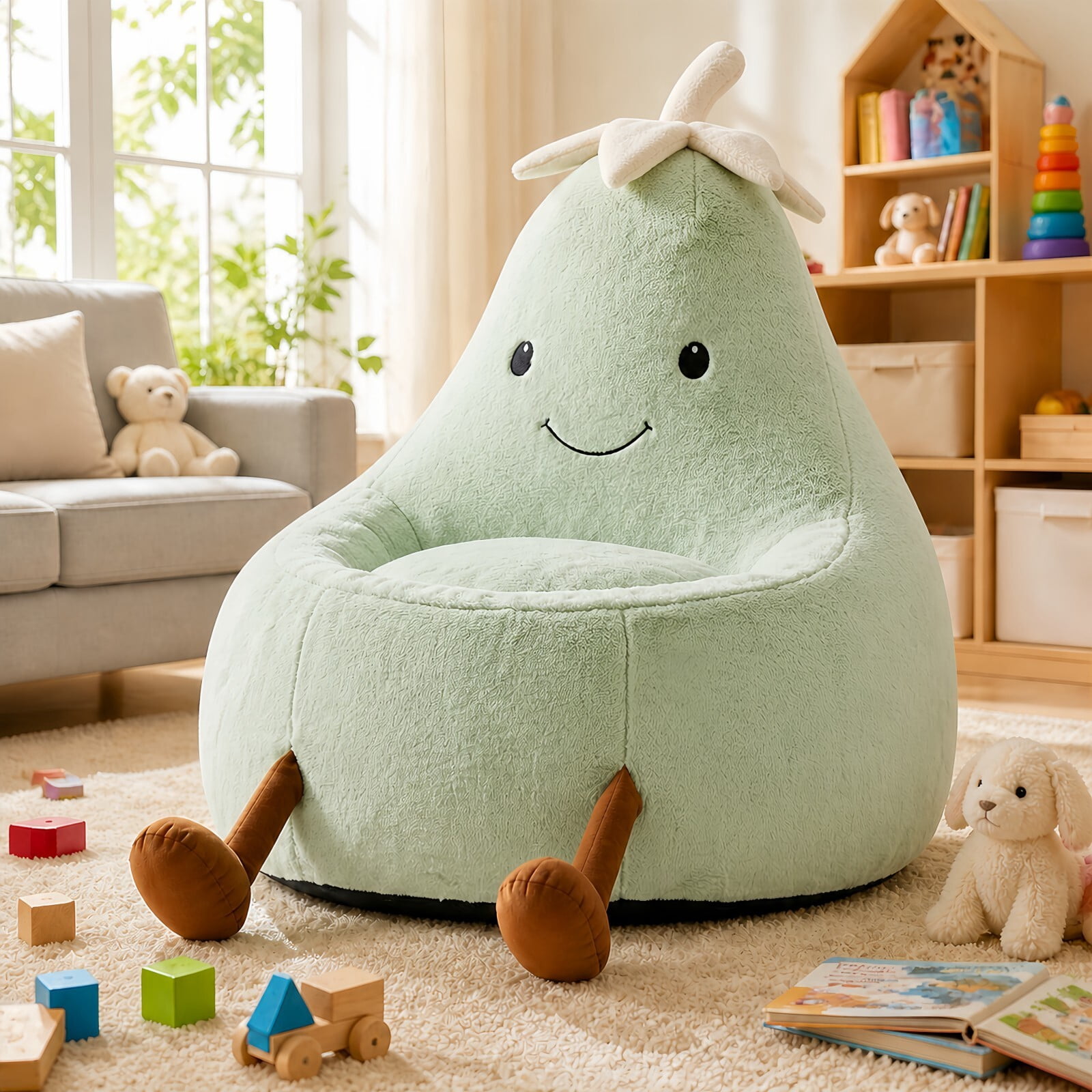 Kelno 31" Kids Bean Bag Chair Faux Rabbit Fur Lazy Chair Toddler Couch, Green