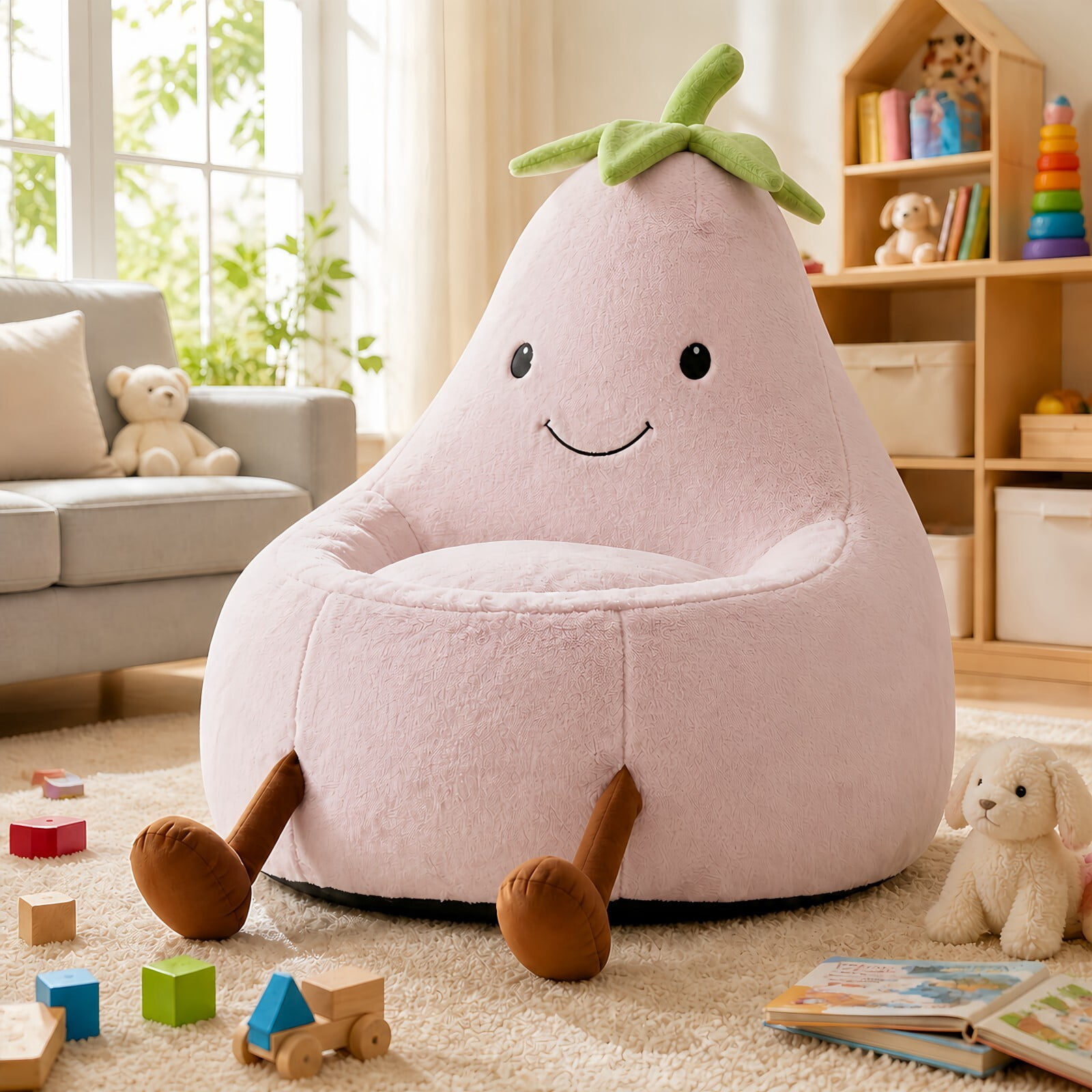 Kelno 31" Kids Bean Bag Chair Faux Rabbit Fur Lazy Chair Toddler Couch, Pink