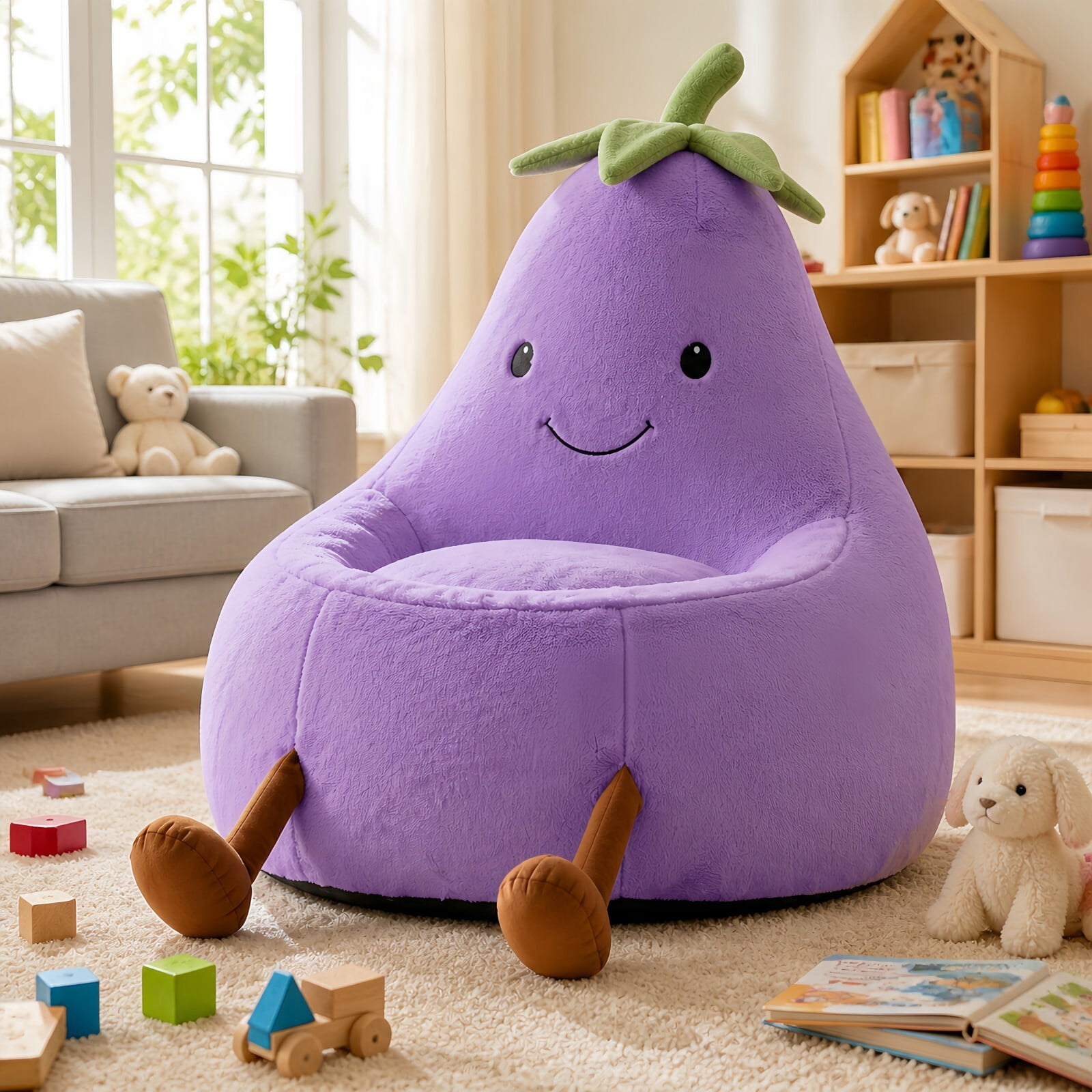 Kelno 31" Kids Bean Bag Chair Faux Rabbit Fur Lazy Chair Toddler Couch, Purple