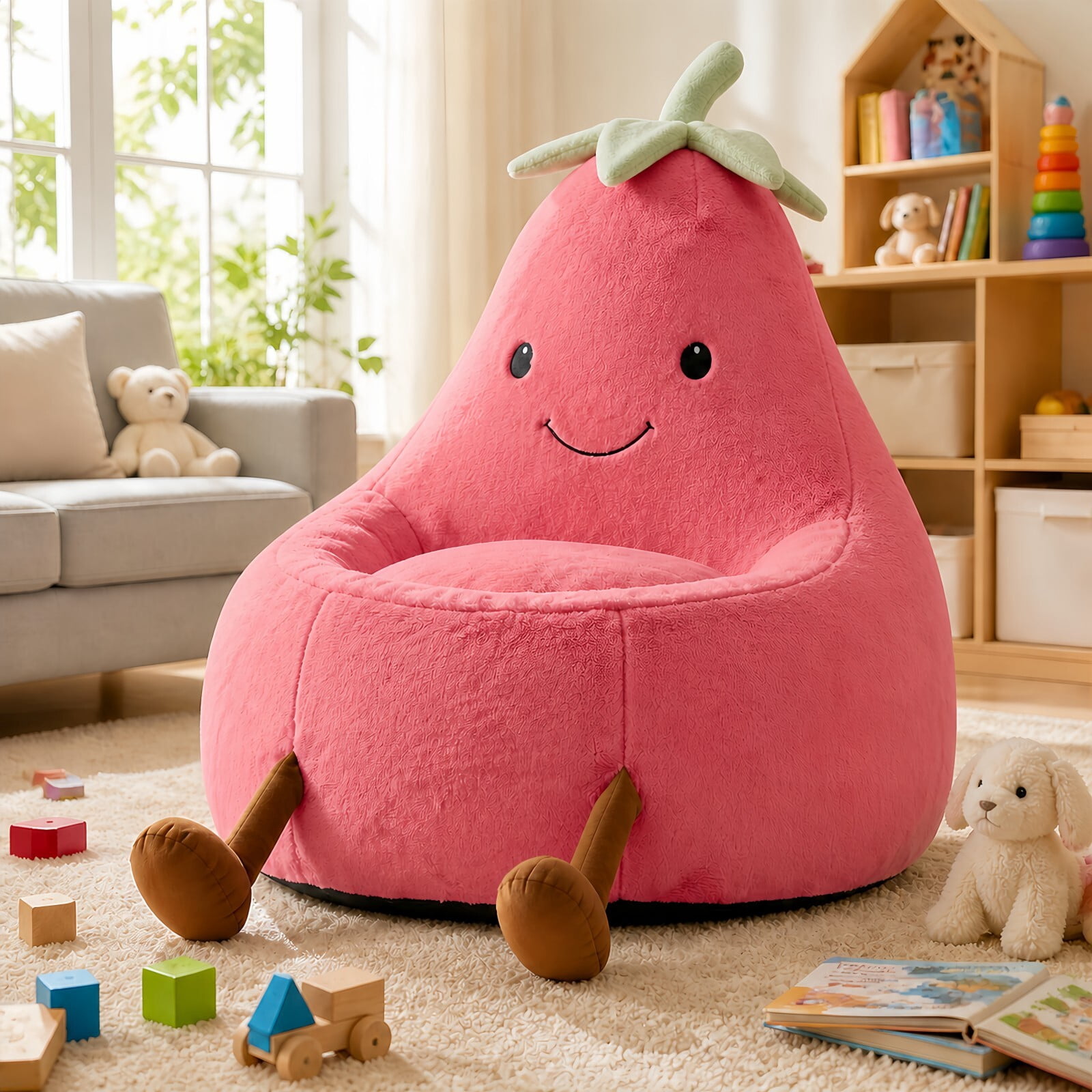 Kelno 31" Kids Bean Bag Chair Faux Rabbit Fur Lazy Chair Toddler Couch, Rose Red