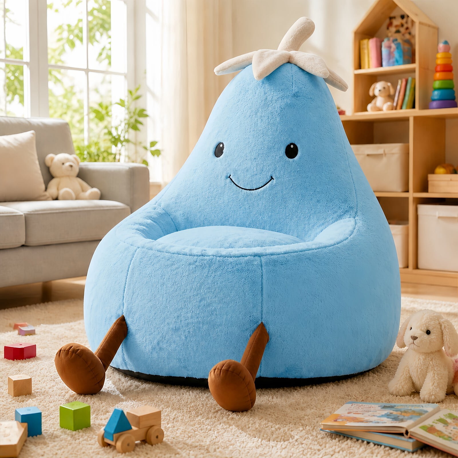 Kelno 31" Kids Bean Bag Chair Faux Rabbit Fur Lazy Chair Toddler Couch, Blue