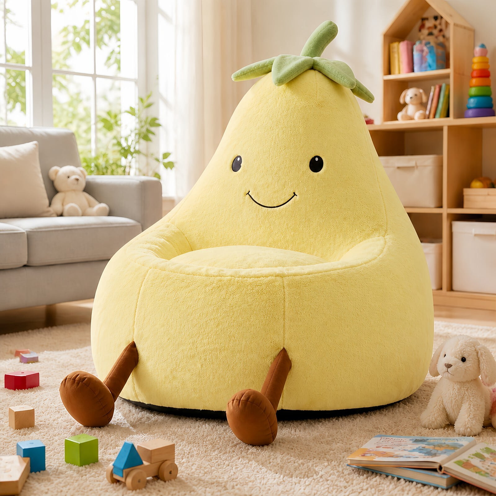 Kelno 31" Kids Bean Bag Chair Faux Rabbit Fur Lazy Chair Toddler Couch, Yellow