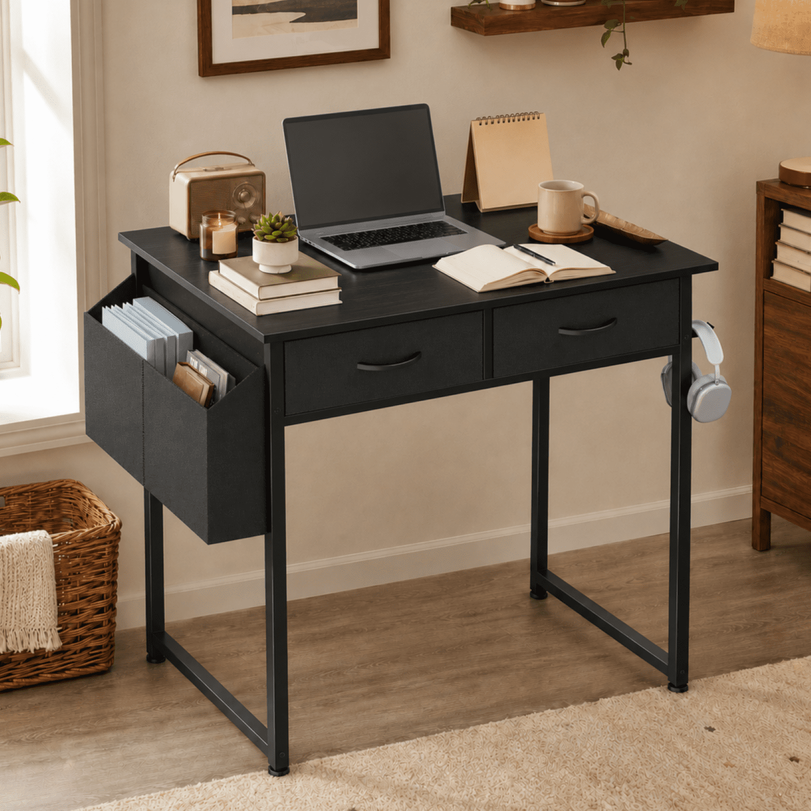 Kelno 32.5 Inch Small Desk with 2 Fabric Drawer Storage Bag Office Computer Desk Home Writing Desk Iron Headphone Hook Vanity Writing Table, Black