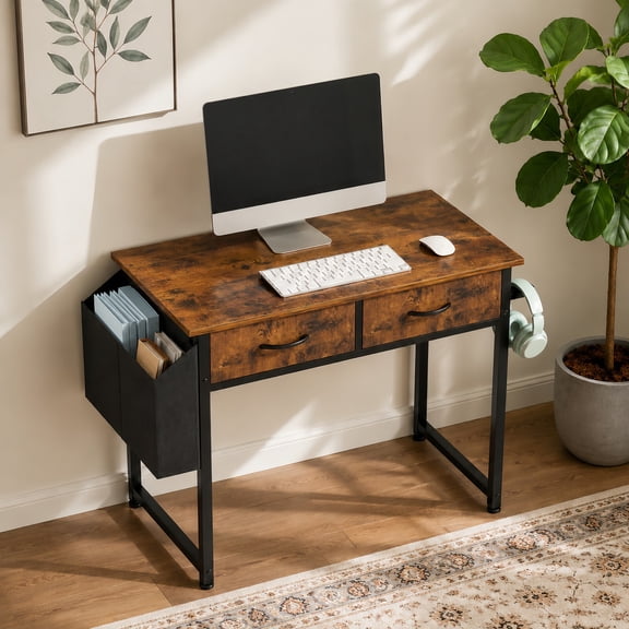 Kelno 32 Inch Small Desk Computer Desk with 2 Fabric Drawer Storage Bag Iron Hook Gaming Writing Table, Rustic Brown