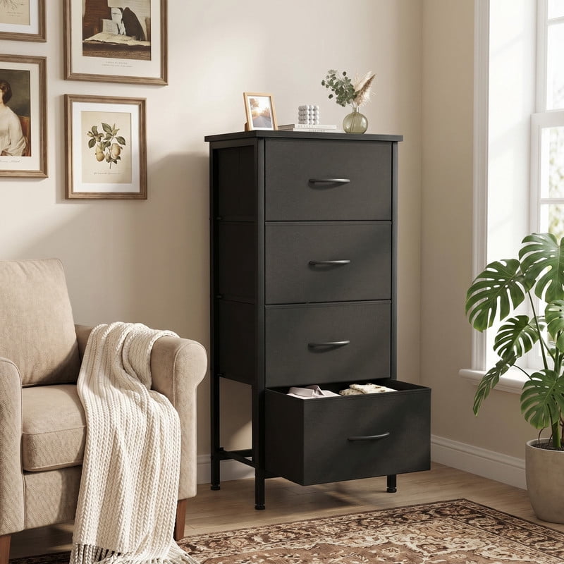 Kelno 4 Drawer Fabric Dresser Steel Frame Storage Chest Organizer with Wood Top, Black