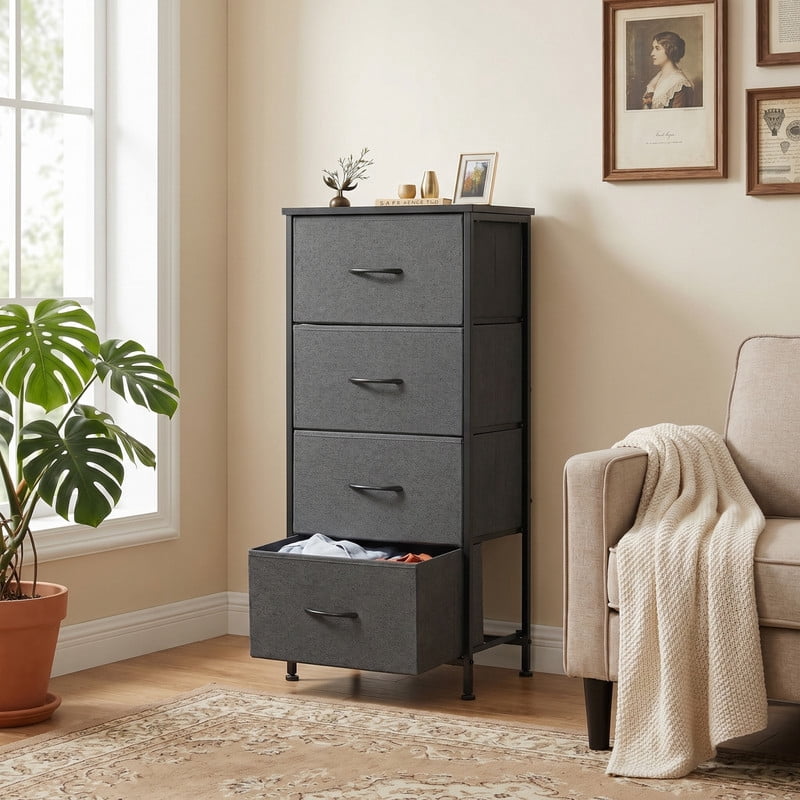 Kelno 4 Drawer Fabric Dresser Steel Frame Storage Chest Organizer with Wood Top, Gray
