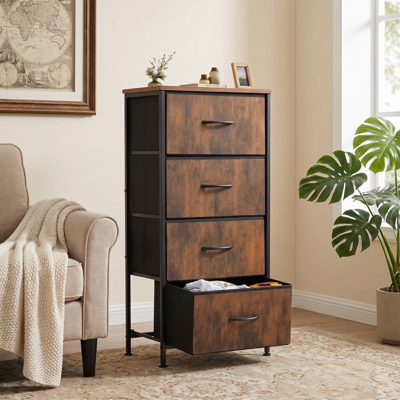 Kelno 4 Drawer Fabric Dresser Steel Frame Storage Chest Organizer with Wood Top, Rustic Brown
