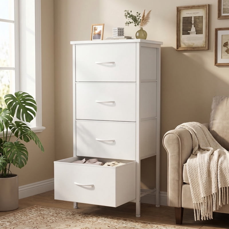 Kelno 4 Drawer Fabric Dresser Steel Frame Storage Chest Organizer with Wood Top, White