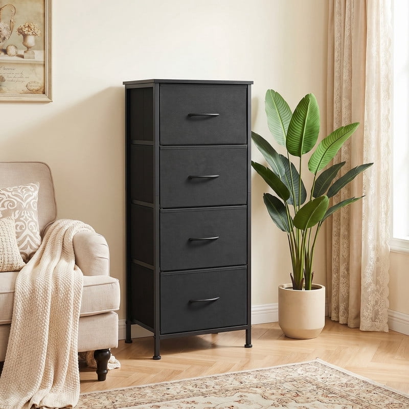 Kelno 4 Drawers Fabric Dresser Tall Chest of Drawers with Steel Frame Wood Top, Black