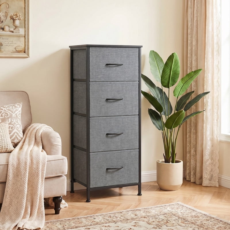 Kelno 4 Drawers Fabric Dresser Tall Chest of Drawers with Steel Frame Wood Top, Gray