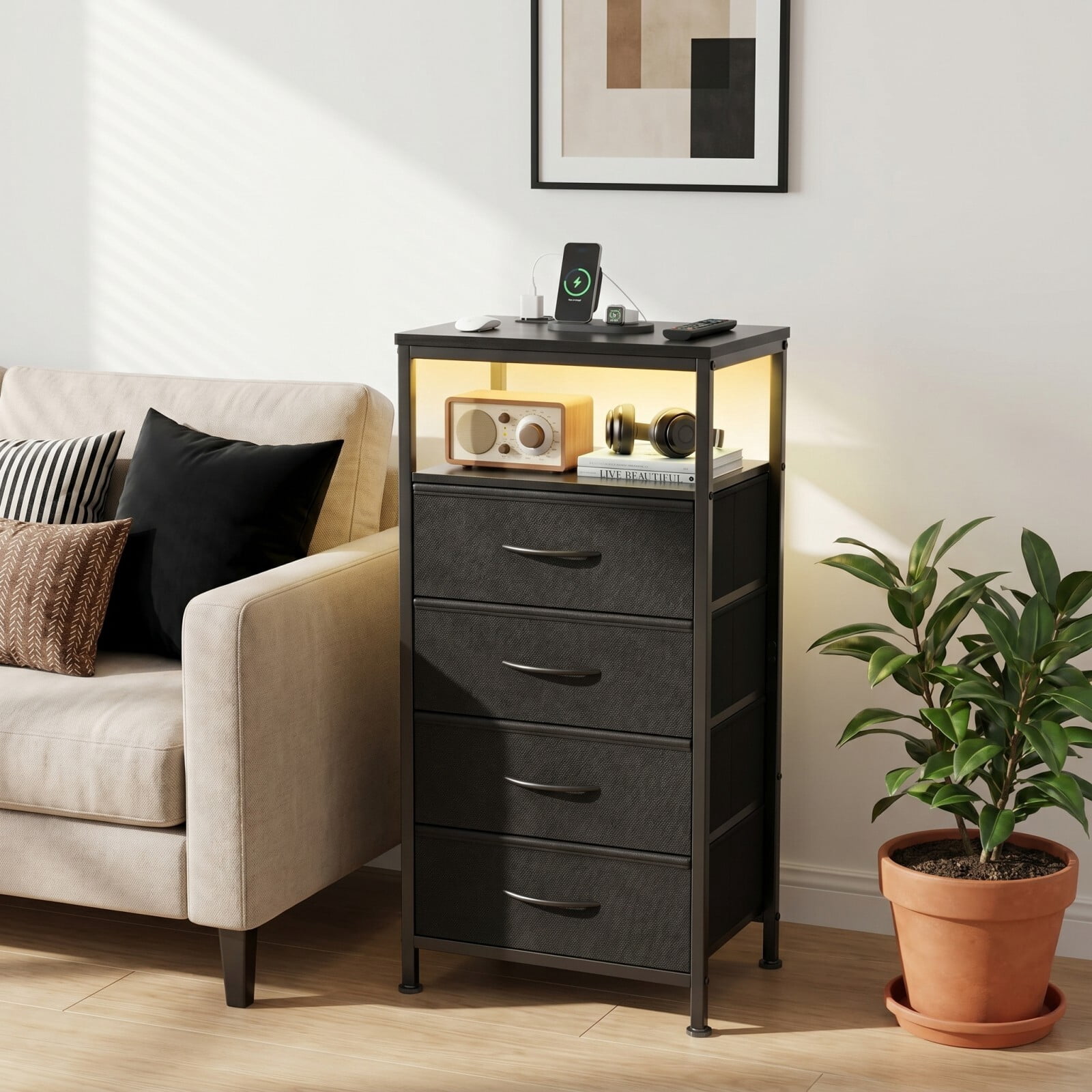 Kelno 4-Drawer Nightstand with Charging Station AC Outlets LED Light Dresser Bedside Table, Black