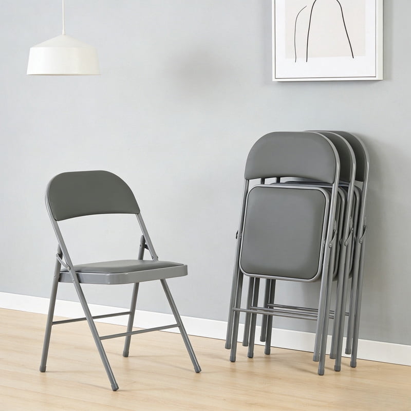 Kelno 4 Pack Folding Chair Leather Padded Seat Portable Chair, Grey
