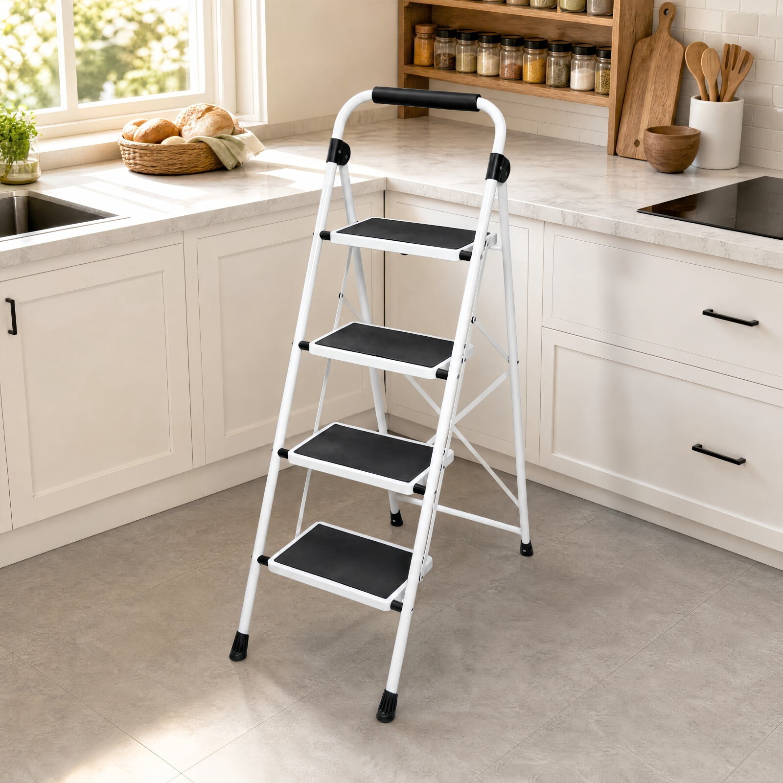 Kelno 4 Step Folding Step Stool 330Lbs Heavy Duty Step Ladder with Anti Slip Pedals Safety Handrail, Black White