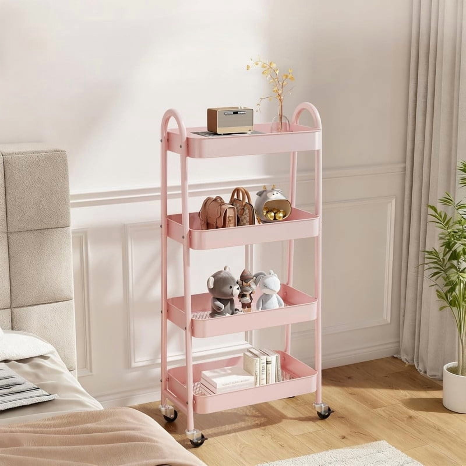 Kelno 4 Tier Rolling Cart Metal Utility Storage Cart Mobile Storage Organizer with Lockable Wheels,Pink