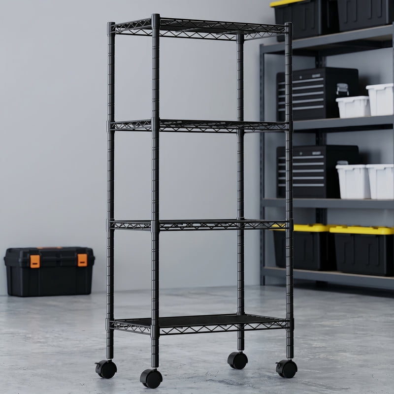 Kelno 4 Tier Wire Shelving with Lockable Wheels Adjustable Metal Storage Rack, Black