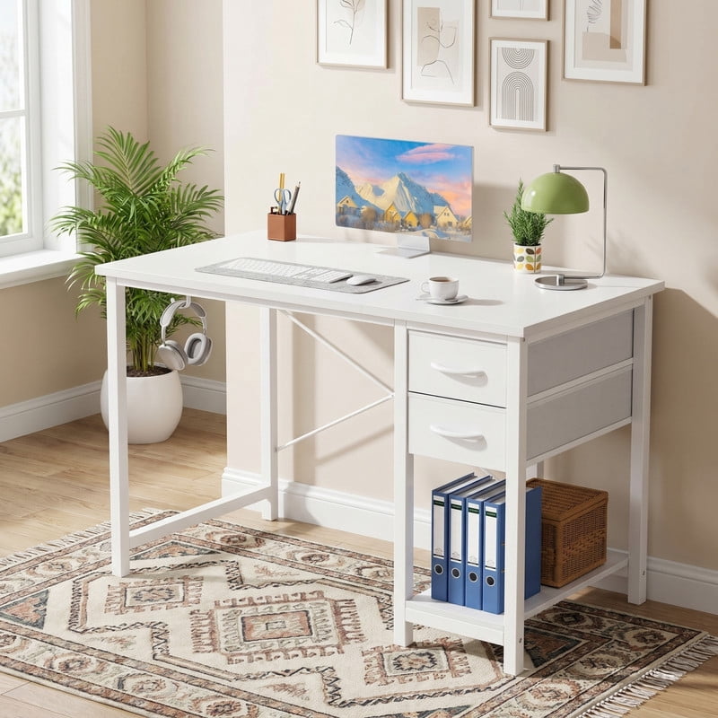 Kelno 40 Inch Computer Desk with 2 Fabric Drawers Home Office Work Table with Side Hook Adjustable Storage Shelf, White