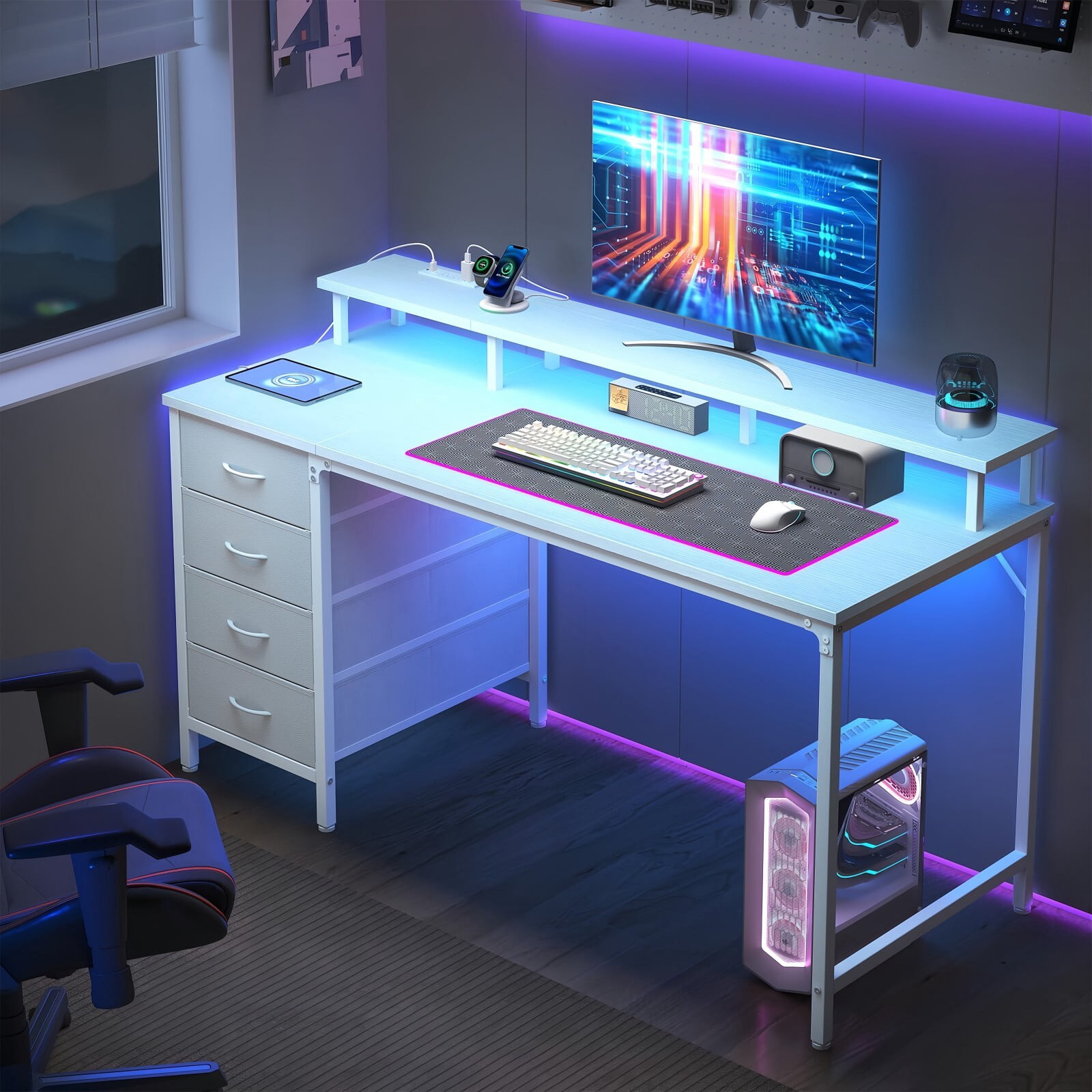 Kelno 40 Inch Computer Desk with 4 Drawers Power Outlets LED Lights Office Desk with Monitor Stand, White
