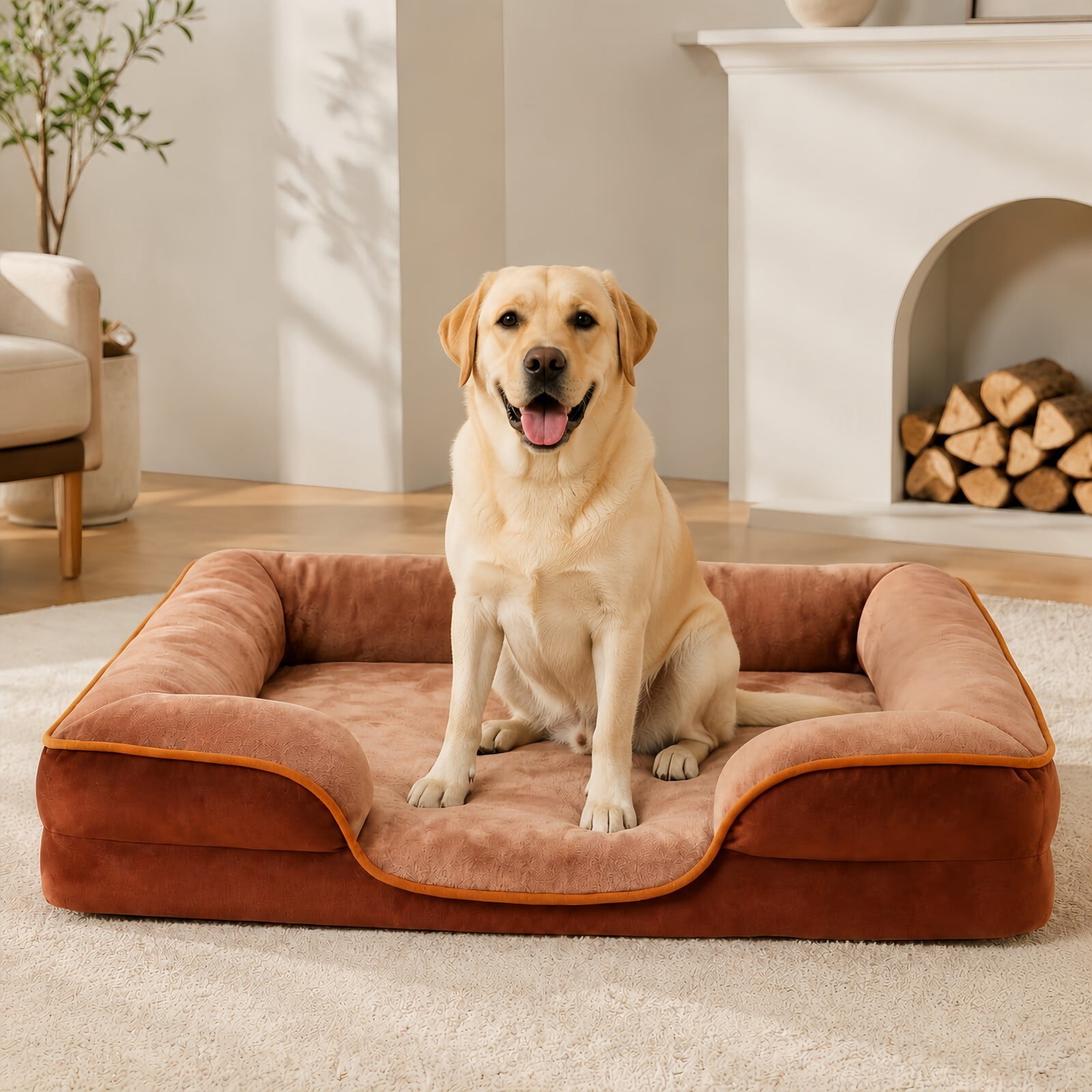 Kelno 42"x32" Orthopedic Dog Bed Supportive Egg Crate Foam Pet Couch Bed with Removable Washable Cover Anti Slip Bottom, Brown