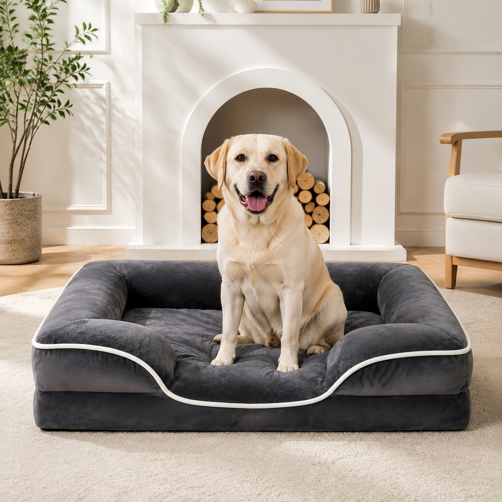 Kelno 42"x32" Orthopedic Dog Bed Supportive Egg Crate Foam Pet Couch Bed with Removable Washable Cover Anti Slip Bottom, Gray