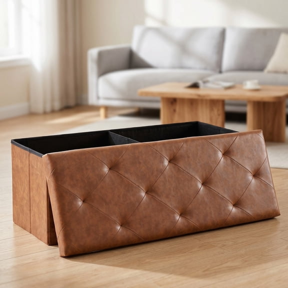 Kelno 43" Foldable Storage Ottoman Bench Faux Leather Footrest Stool with Foam Padded Seat, Brown