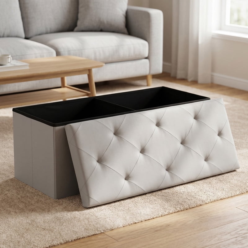 Kelno 43" Foldable Storage Ottoman Bench Faux Leather Footrest Stool with Foam Padded Seat, Gray