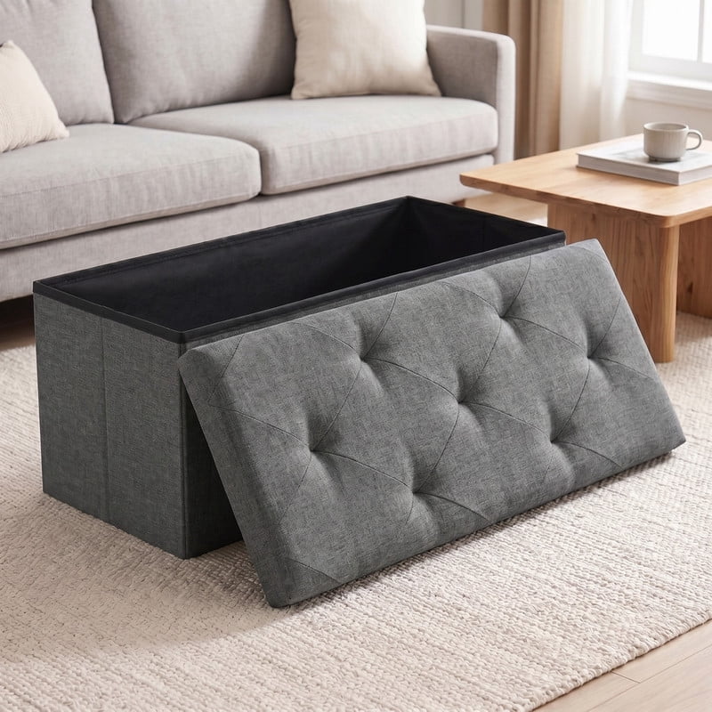 Kelno 43" Foldable Storage Ottoman Bench Linen Footrest Stool with Foam Padded Seat, Gray