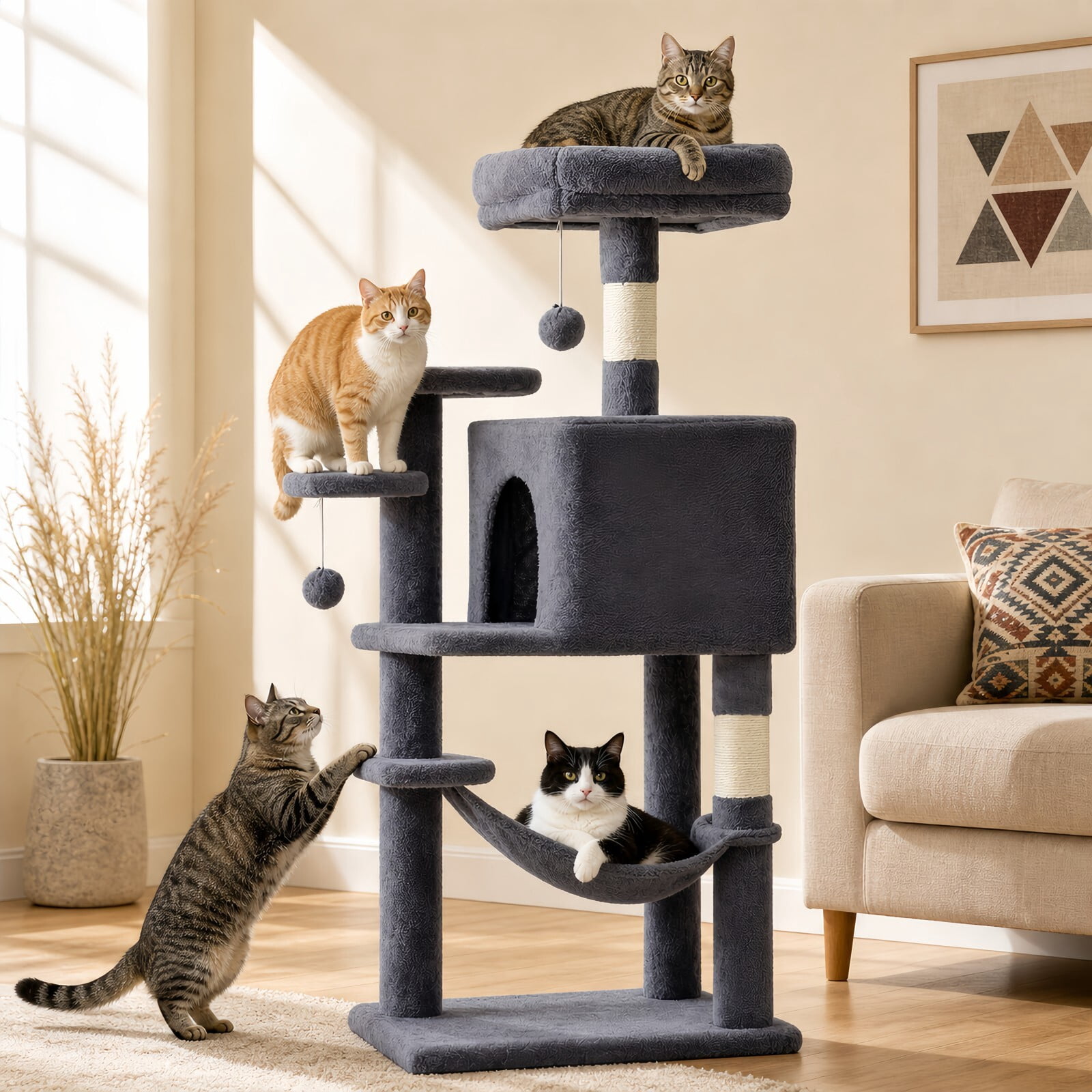Kelno 44" Cat Tree Tower Durable Cat Climbing Tower with Sisal Scratching Posts Cozy Condo Hammock and Platforms, Dark Gray
