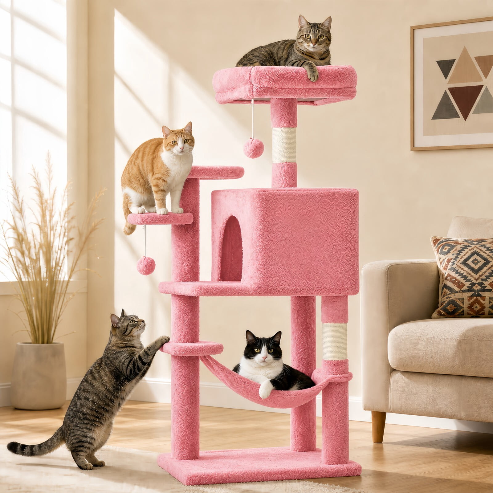 Kelno 44" Cat Tree Tower Durable Cat Climbing Tower with Sisal Scratching Posts Cozy Condo Hammock and Platforms, Pink