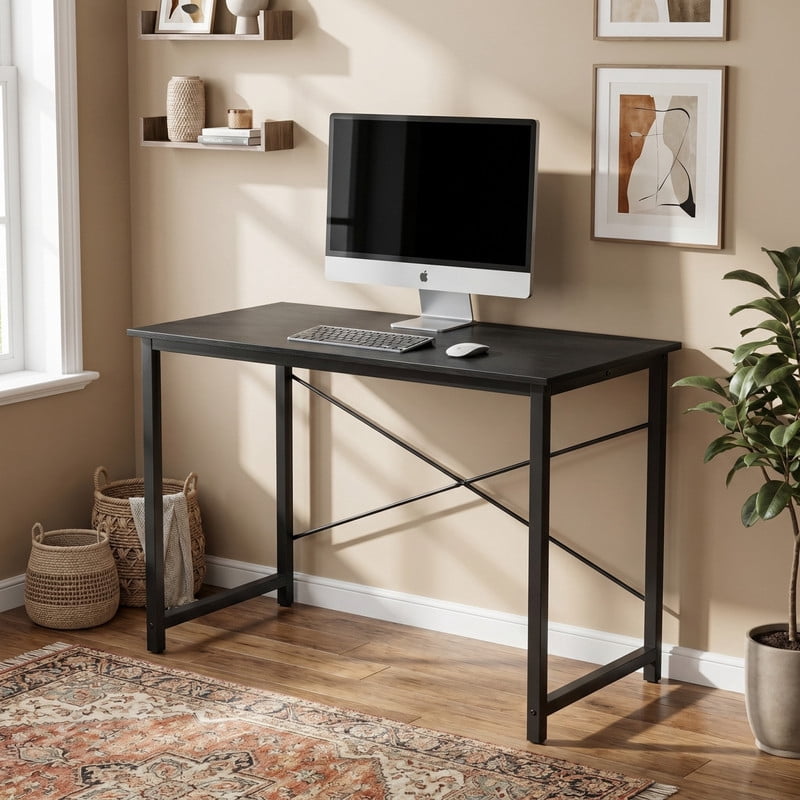 Kelno 44" Computer Desk Gaming Table Home Office Writing Study Workstation with Sturdy Metal Frame, Black