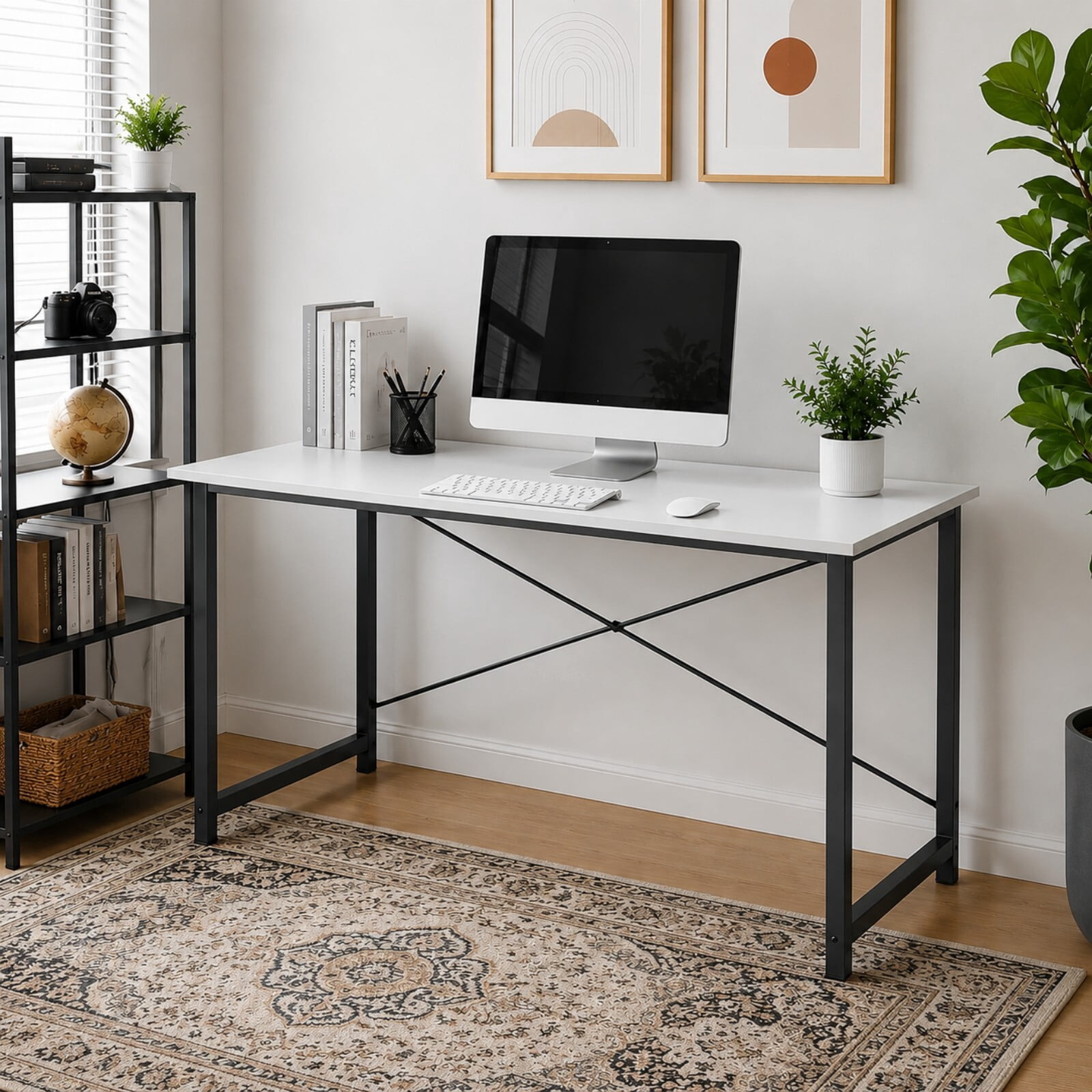 Kelno 47" Computer Desk Home Office Desk Writing Study Table with Sturdy Metal Frame, White