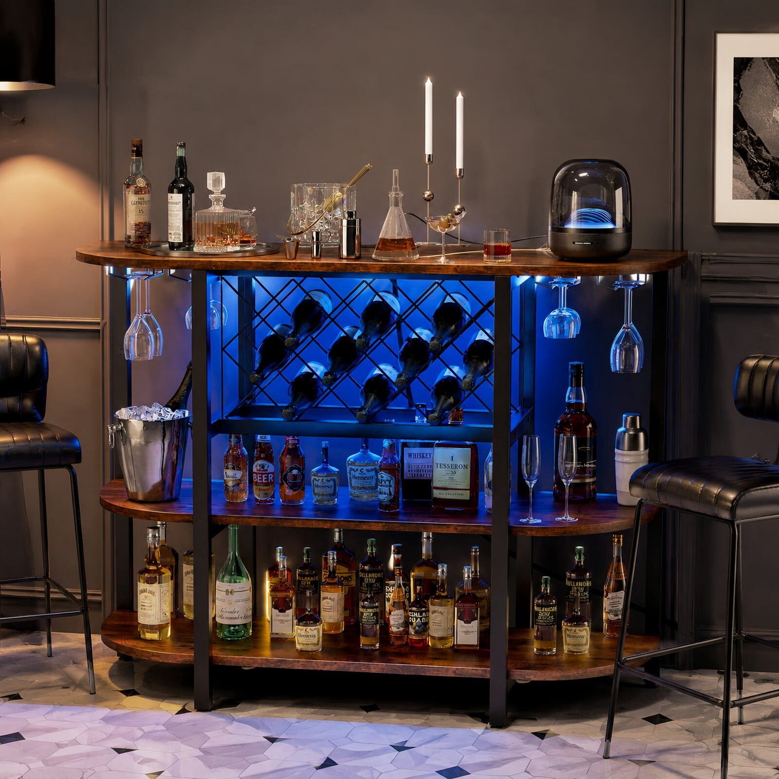 Kelno 47" Home Bar Cabinet with Power Outlet RGB LED Lights 4-Tier Liquor Cabinet with Wine Rack Glass Holder, Rust