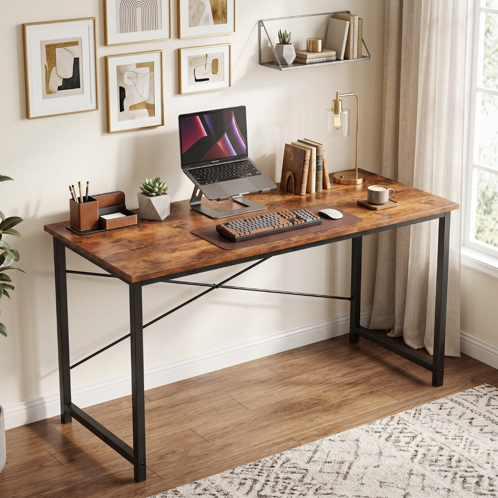Kelno 47 Inch Computer Desk Home Office Writing Study Desk Gaming Table，Rustic Brown